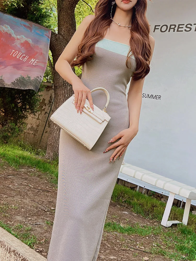 

Dabuwawa Knit Halter Dress Contrasting Skirt Slim High Waist Vintage Classically Summer Women Mew DM1BDR216