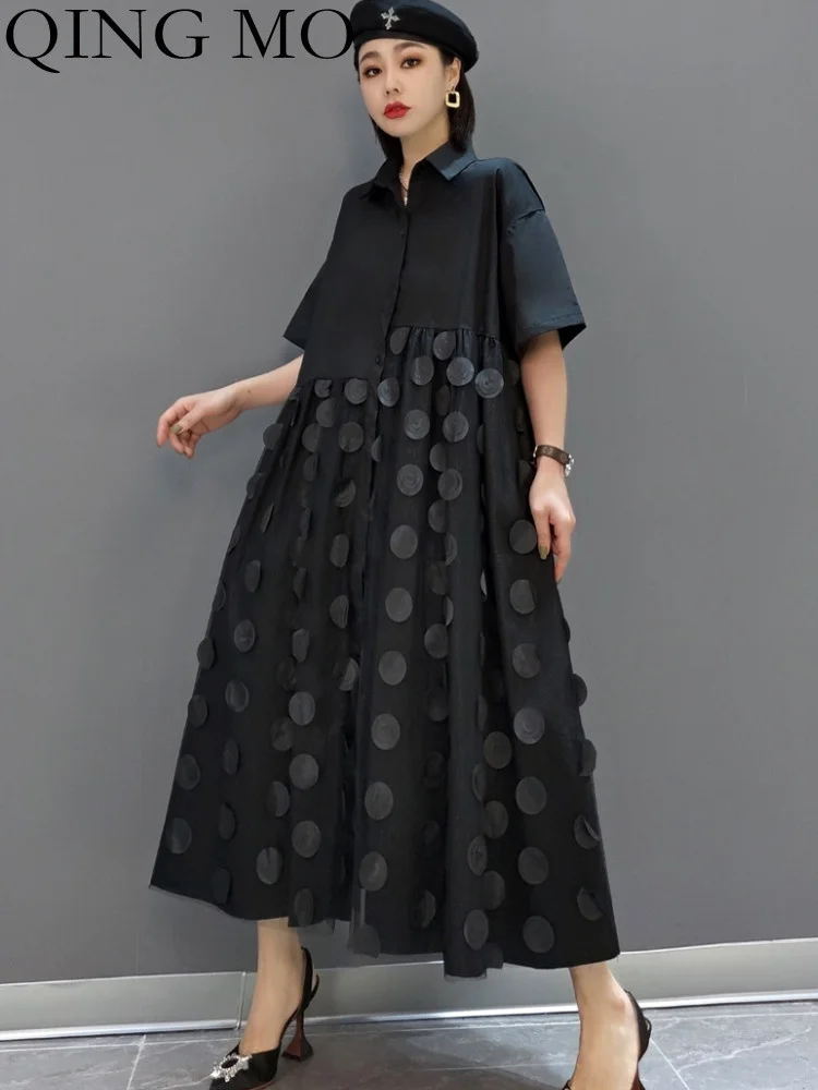 QING MO 2023 Spring Summer New Fashion Medium Length Dress Korean Wave Dot Mesh Shirt Fairy Streetwear ZXF1052