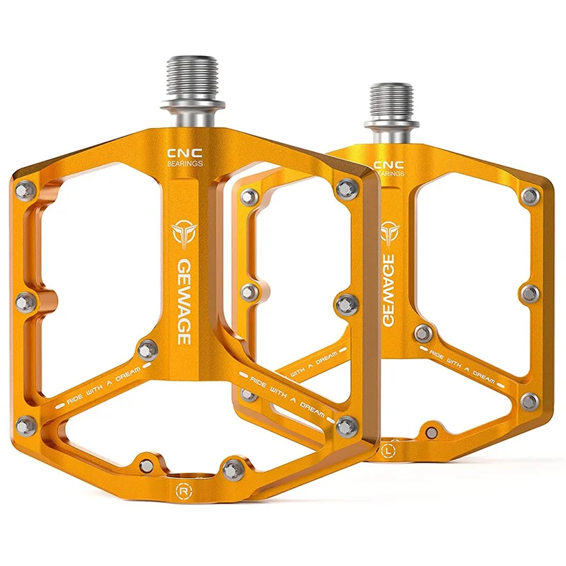 

GEWAGE Road/Mountain Bike Pedals - 3 Bearings Bicycle Pedals - 9/16Inch CNC Machined Flat Pedals Bicycle Parts,Gold