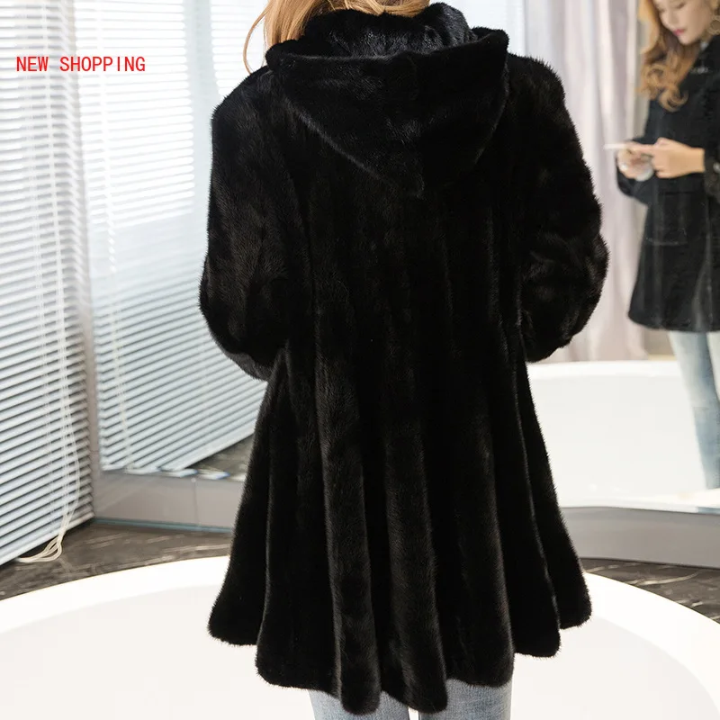 Fashion Casuak Thick Waem Mink Fur Coat Long Sleeve Overcoats Winter New Haining Mid-length Hooded Long-sleeved Mink Coat Female