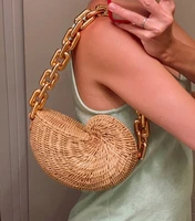 fashion thick chains rattan conch women shoulder bags design wicker woven handbags luxury summer beach straw bag bali purse 2022