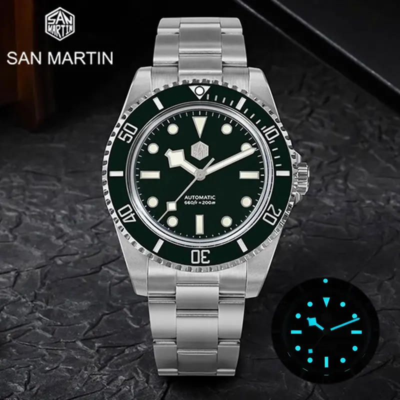 

Часы San Martin Мужские механические водонепроницаемые, автоматические Роскошные Светящиеся в темноте, с сапфировым зеркалом, YN55, 20 бар