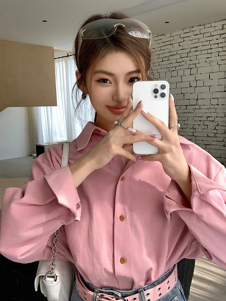 

Женская Осенняя розовая рубашка с длинным рукавом, однобортная Повседневная Блузка, женские свободные базовые Топы, шикарные блузки с лацканами, 2023