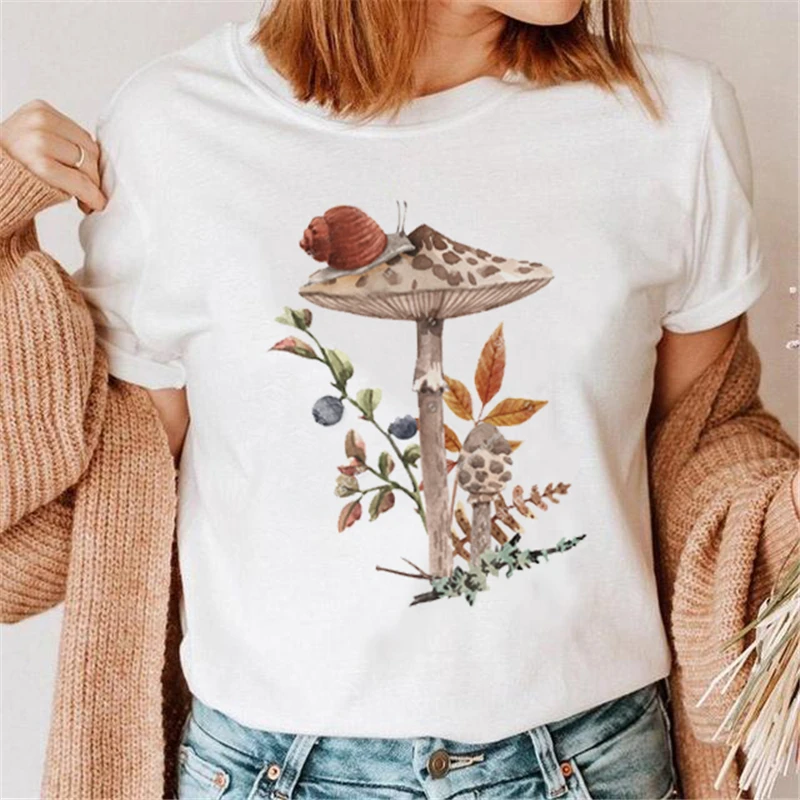

Женская футболка с забавными грибами, Новая модная Милая женская футболка с коротким рукавом и мультипликационным цветочным принтом 90-х, По...