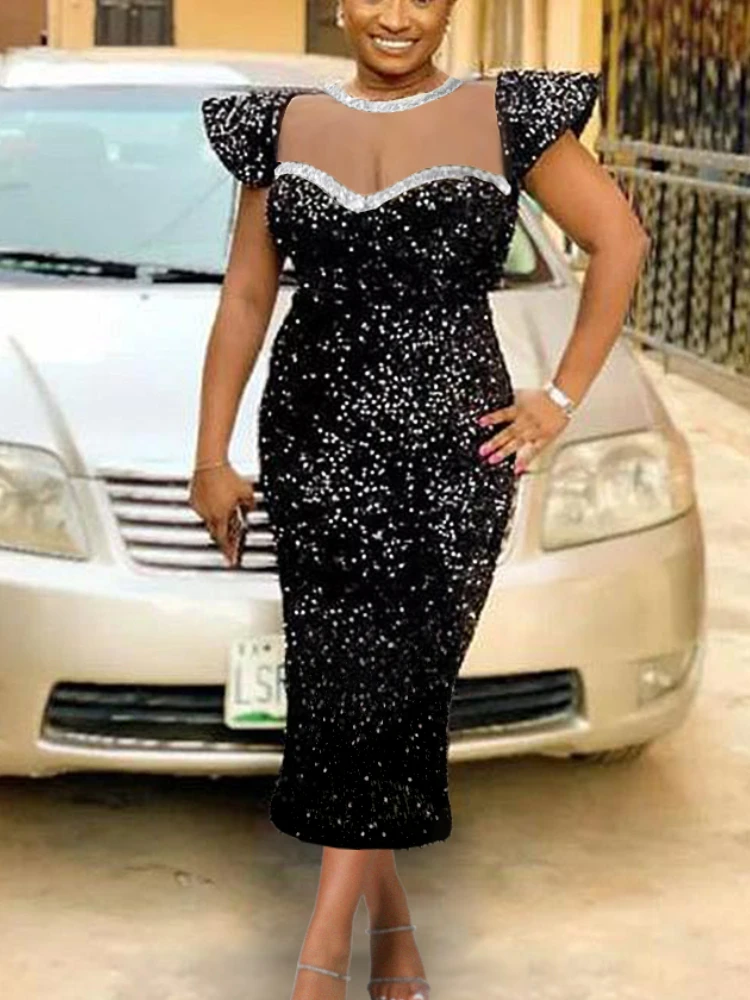 

Vintage Sequin Dresses for Women Elegant Formal Party Midi Length Flare Sleeve Bling Bling Glitter Black Evening Cocktail Gowns