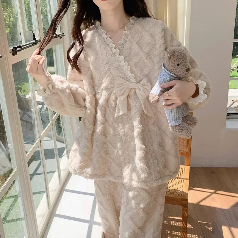 

Фланелевая Осенняя женская пижама в горошек/с бантом, пижама в горошек, теплая квадратная одежда для сна и домашняя одежда из кораллового флиса, зима