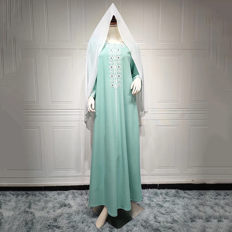 Flower Embroidery Long Sleeve Printed Abaya For Muslim Women 2022 Solid Color With Hijab Modest Loose Maxi Dubai Arabic Abaya