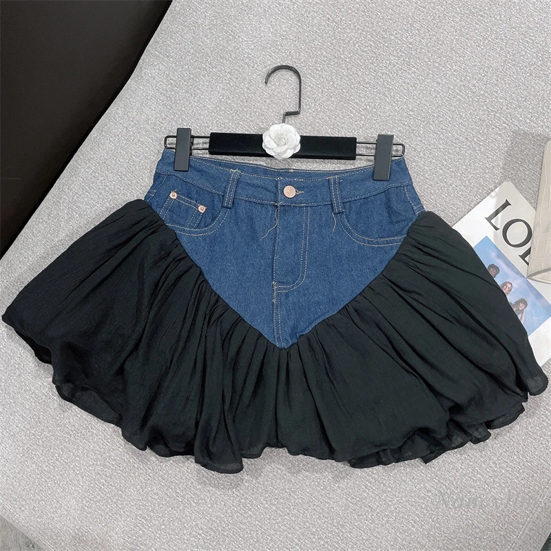 

2022 Summer New Sexy Design Stitching Bud Waist Denim Skirt for Women Street All-Match Blue Jean Jupe Femme