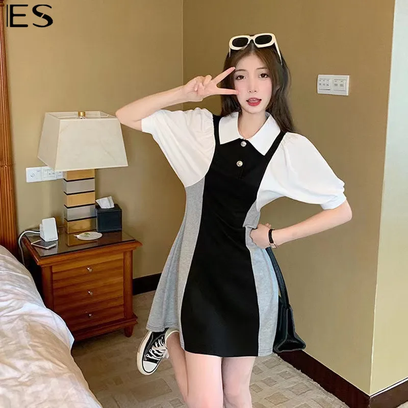 

ES Fashion splicing color bubble sleeve dress summer