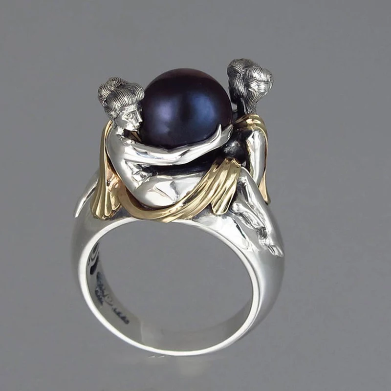 

Vintage Black White Pearl Rings for Women Punk Metal Beauty Girl Eternity Band Ring Wedding Jewelry Z5T618