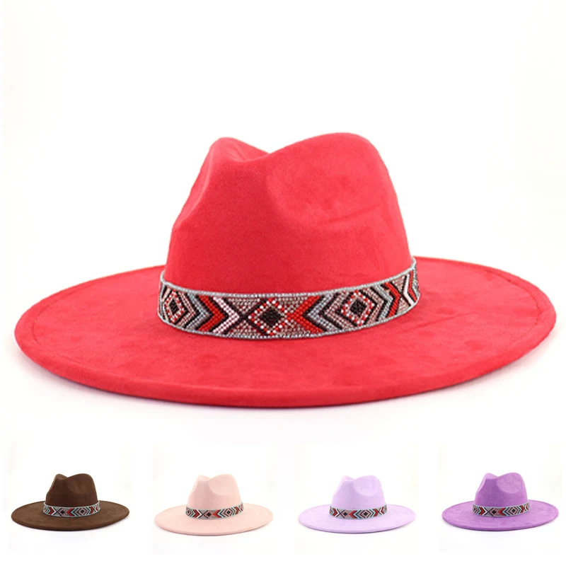 

2023 New Trend Peach Heart Fedora Hat Suede Ribbon Wide Birm Jazz Hat Sunscreen Flat Brimmed Top Hat Unisex Sombrero Hombre