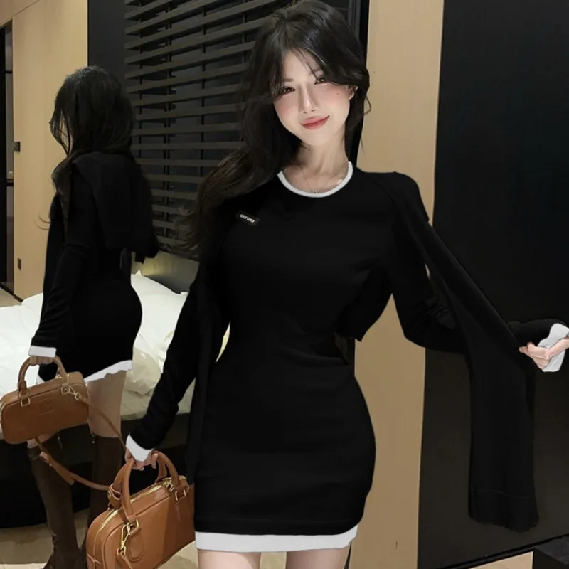 @ Real Shot Price New ~ Korean Series Sweet All-Match Color Matching Waist Hugging Long sleeve Knitted Hip Skirt Women w...