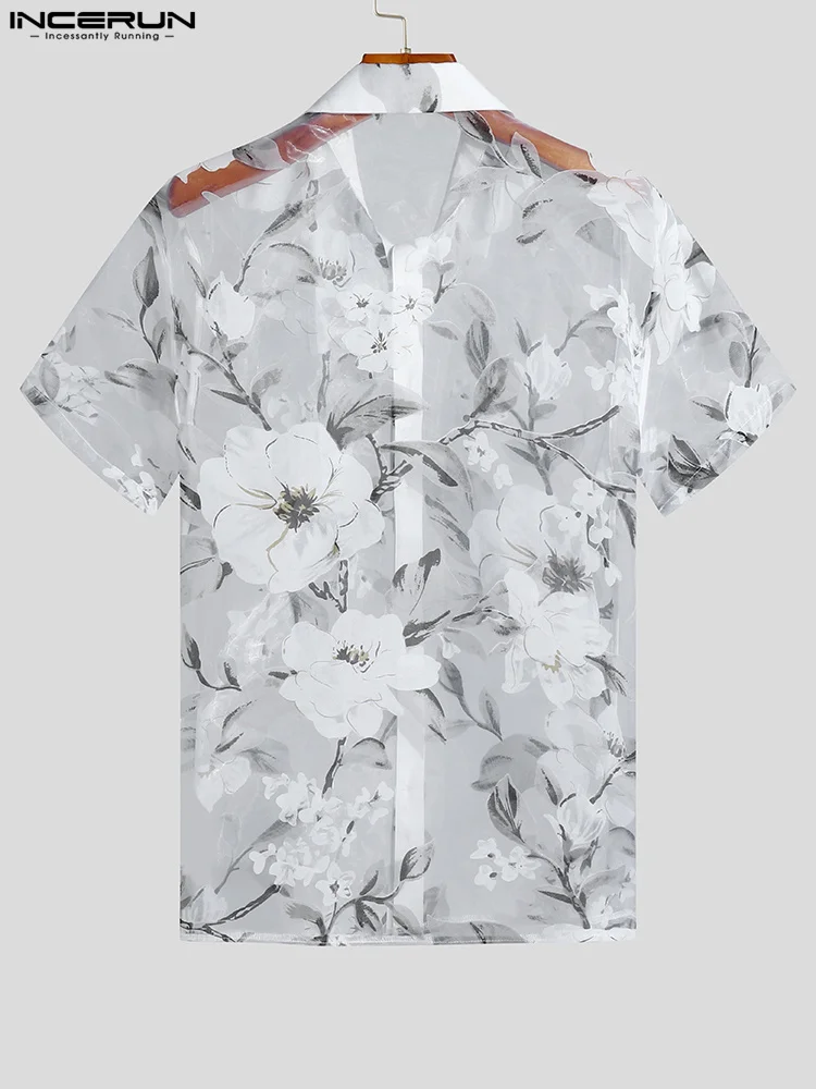 INCERUN Party Nightclub Style New Men's Tops Printed Short Sleeve Shirts Casual Streetwear See-through Button Lapel Blouse S-5XL