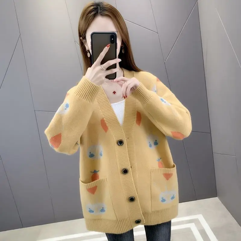 

Cartoon Sweater Jacket Women Autumn Models 2021 New Loose Outer Wear Lazy Fashion All-match Knitted Cardigan Trend