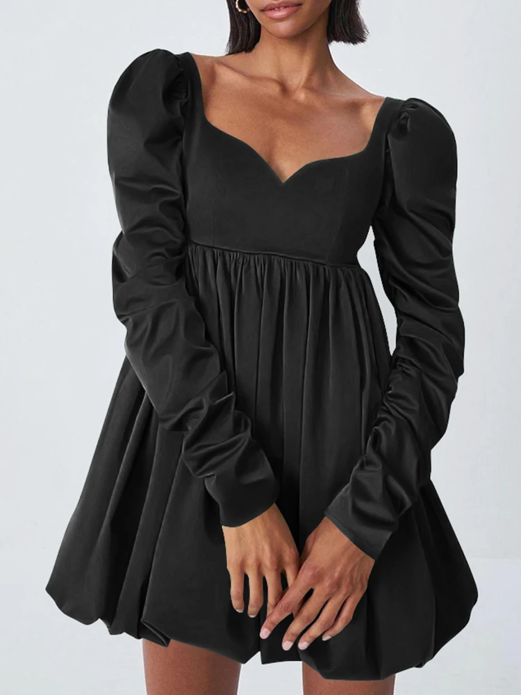 

Весна 2022, платье с пышными рукавами, женское модное мини-платье, повседневные соблазнительные платья-качели, элегантные однотонные атласны...