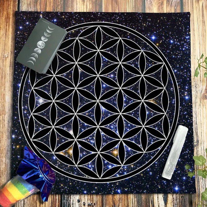 

Mandala Flower Of Life Tarot Tablecloth Velvet Altar Cloth Pagan Witchcraft Divination Oracle Card Pads Galaxy Black and Gold