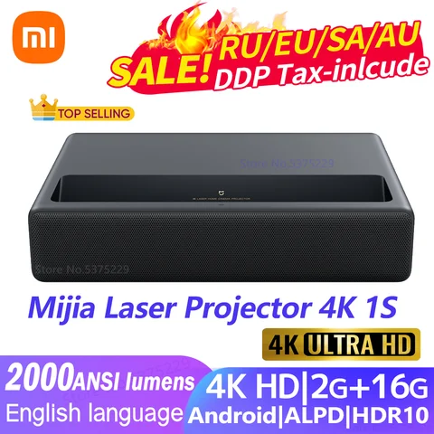 Лазерный проектор Xiaomi Mijia TV 4K 1S, 2000ANSI-люмен, 3840*2160P, 150 дюйма, HDR10, 2 ГБ + 16 ГБ, ALPD3.0, Android, Wi-Fi, домашний обогреватель