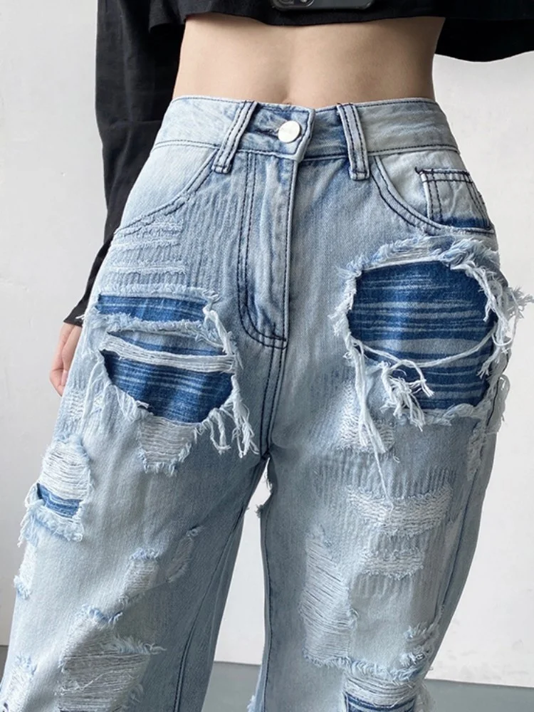 Streetwear High Waist Vintage Light Blue Hole Ripped Jeans Women New Hip Hop Loose Fit Straight Trousers Personality Denim Pants