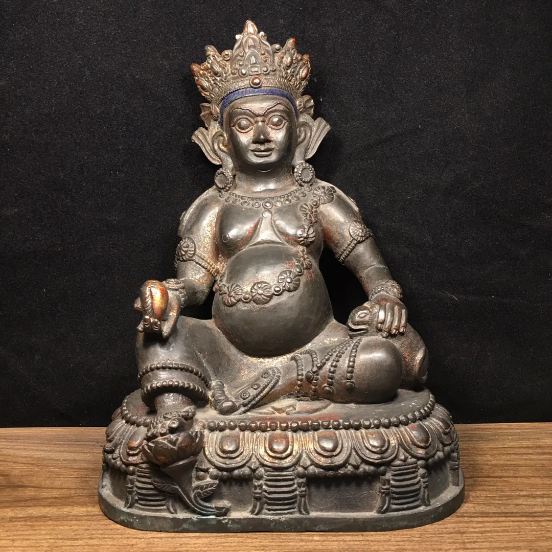 

10"Tibet Temple Collection Old purple Bronze Gilding Cinnabar Yellow Jambhala Tibetan god of wealth Lotus Stage Sitting Buddha