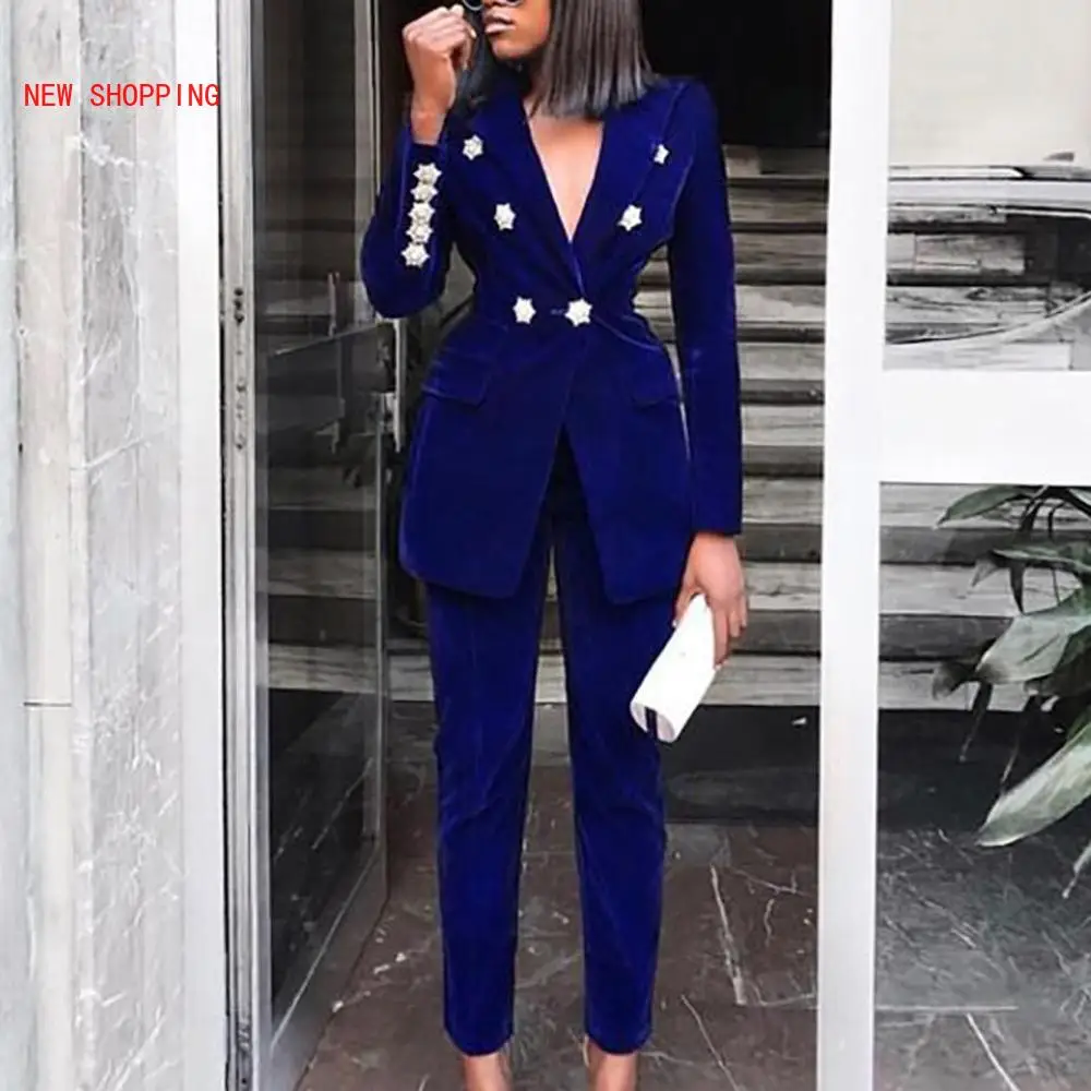 Women's Velvet Winter New Crystal Buckle Set Long Sleeve Jacket & Pants 2 Two Piece Set Celebrity Evening Runway Party Suit Red