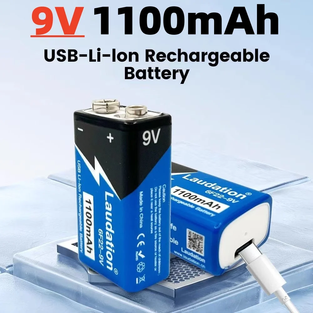 Фото  Аккумулятор литий-ионный 6F22 9V 1500мАч, перезаряжаемый, USB, подходит для мультиметра, микрофона, игрушек, пультов ДУ, KTV №1