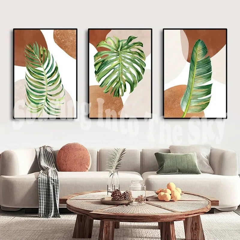 3 шт. абстрактные зеленые золотые листья монстеры холст живопись настенные