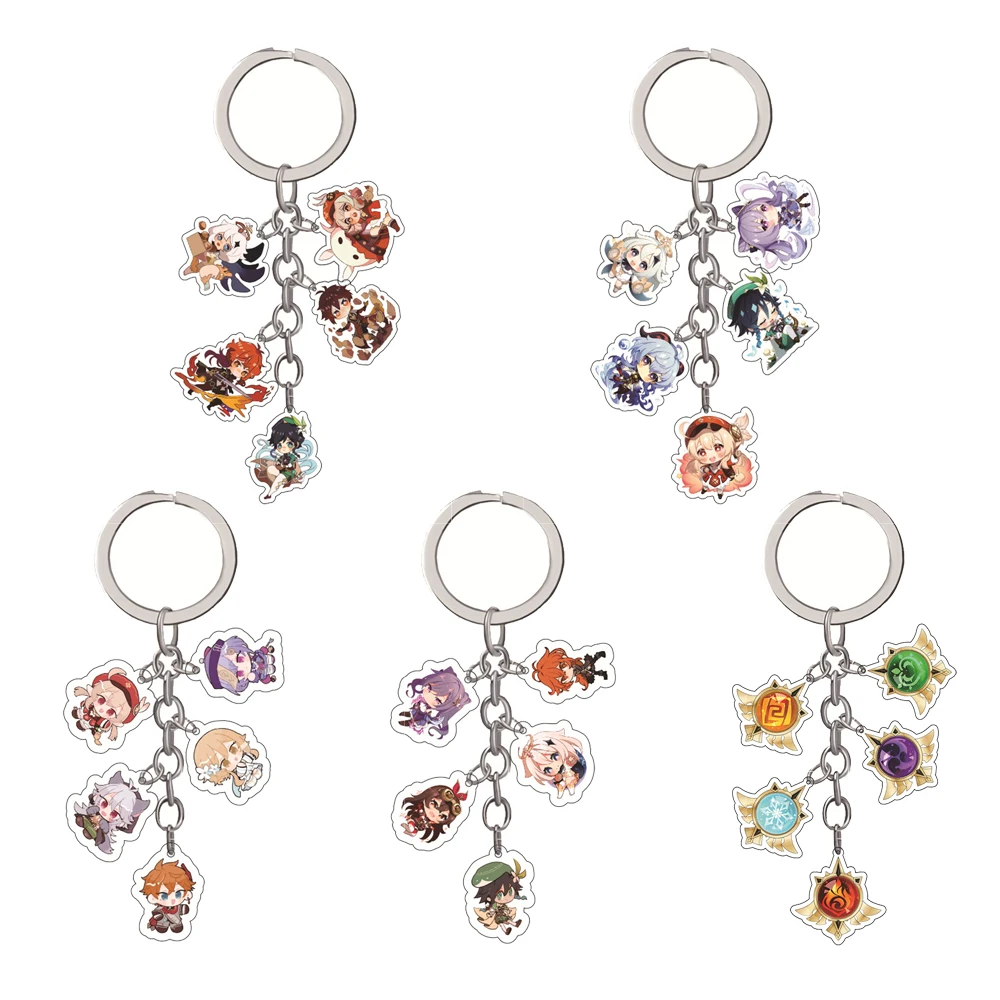 

Genshin Impact Acrylic Keychain Cosplay Double Sided Transparent Keyring Women Men Cartoon Trinket 5 Pendants Accessories Gift