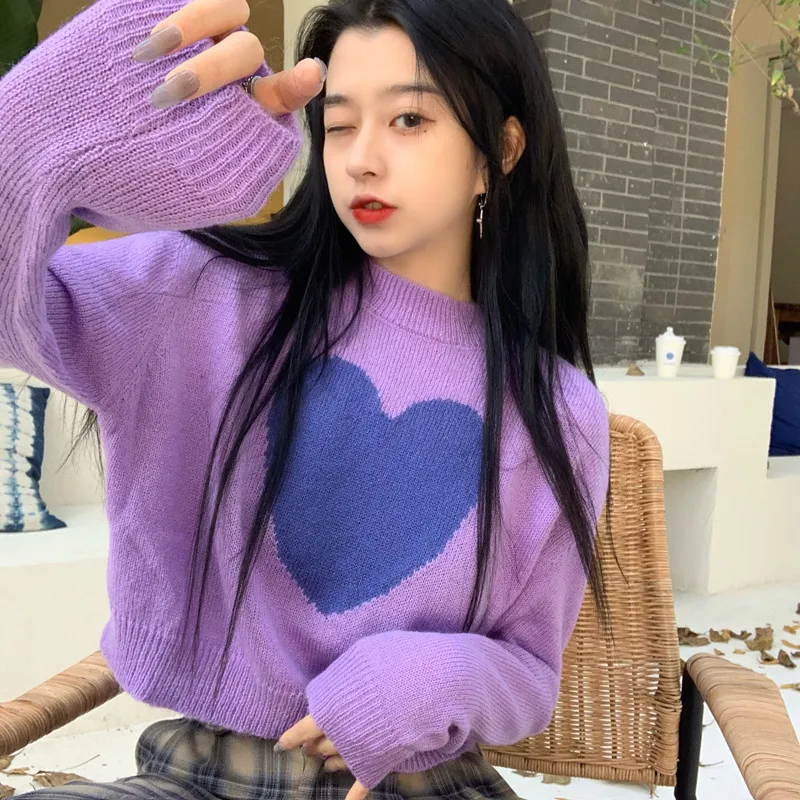 

Women Pullovers O-neck Short Sweater Heart Sweet Soft BF Fashion Korean Style Knitting Long Sleeve Jumper Student Casual Outwear