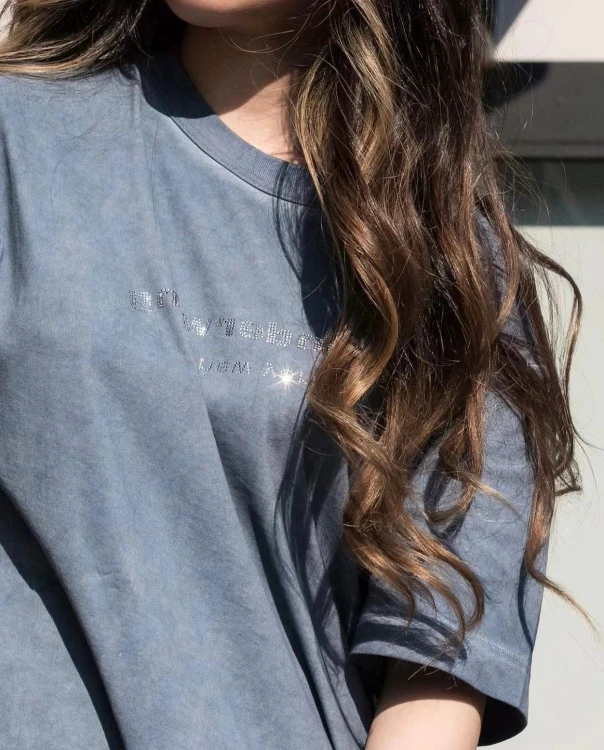 

128812 Fashion Classic Trendy Luxury Designer Women Men Summer Autumn Rhinestone Letter Logo Casual Loose Leisure T-shirt Top