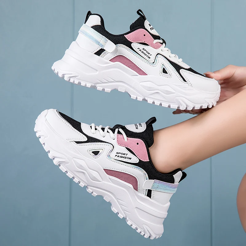 

Туфли женские спортивные на платформе, массивные кроссовки на толстой подошве, лоскутные, повседневная обувь для бега, белые