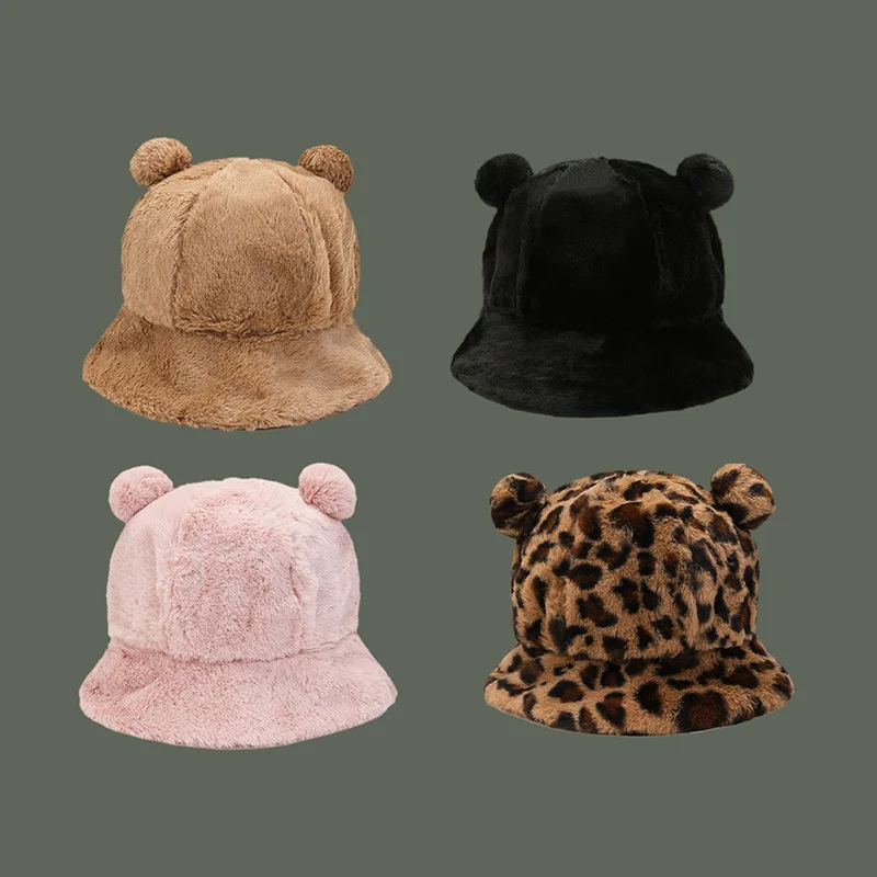 

Fashion Autumn Winter Leopard Fur Bucket Hat Bear Ear Ball Plush Fisherman Hat Soft Warm Thick Basin Hat Protection Bucket Hats