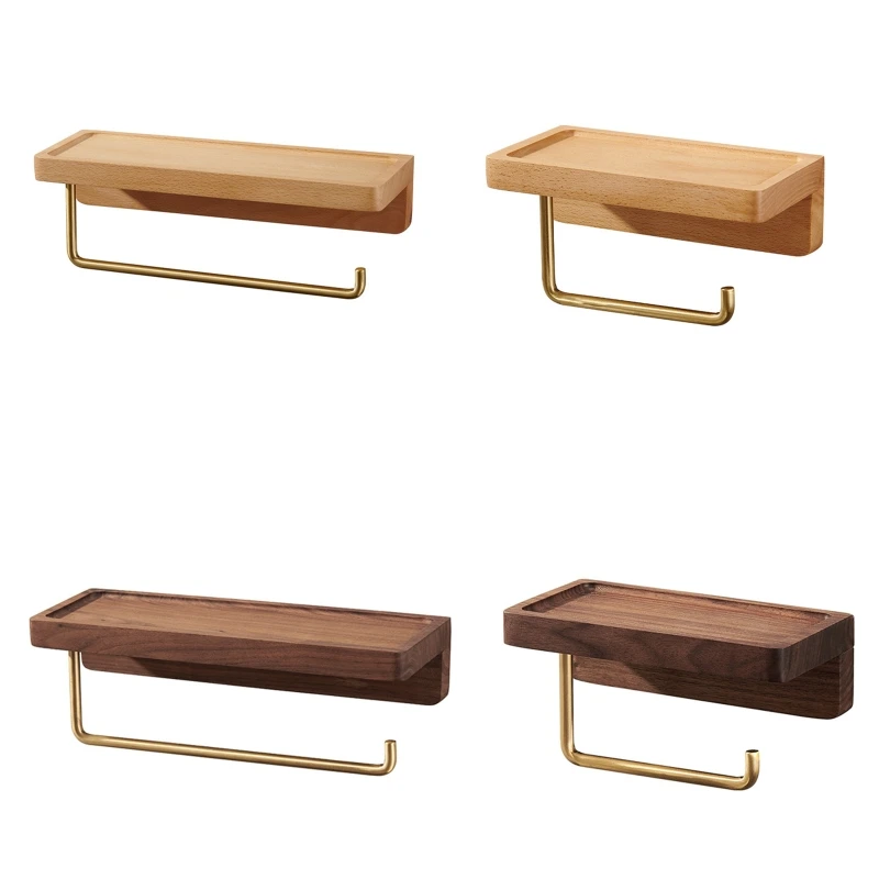 

Brass Wood Toilet Paper Dispenser with Tray for Kitchen Bathroom Modern