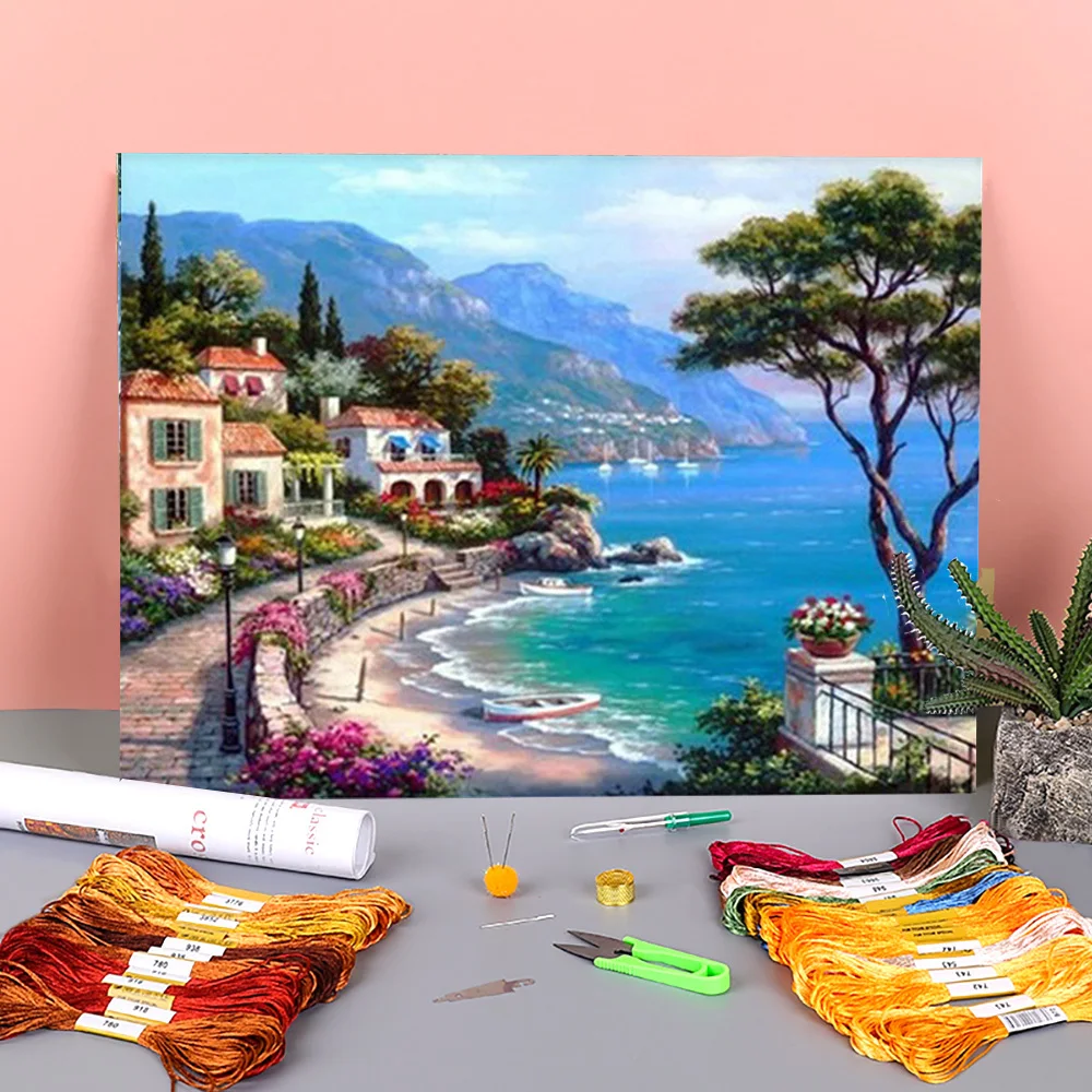 

Landscape Town Seaside Printed 11CT Cross-Stitch Complete Kit DIY Embroidery DMC Threads Needlework Painting Promotions