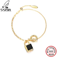 ssteel 925 sterling silver black agate lock luxury designer bracelet bangle gold chain braclets for women handmade fine jewelry