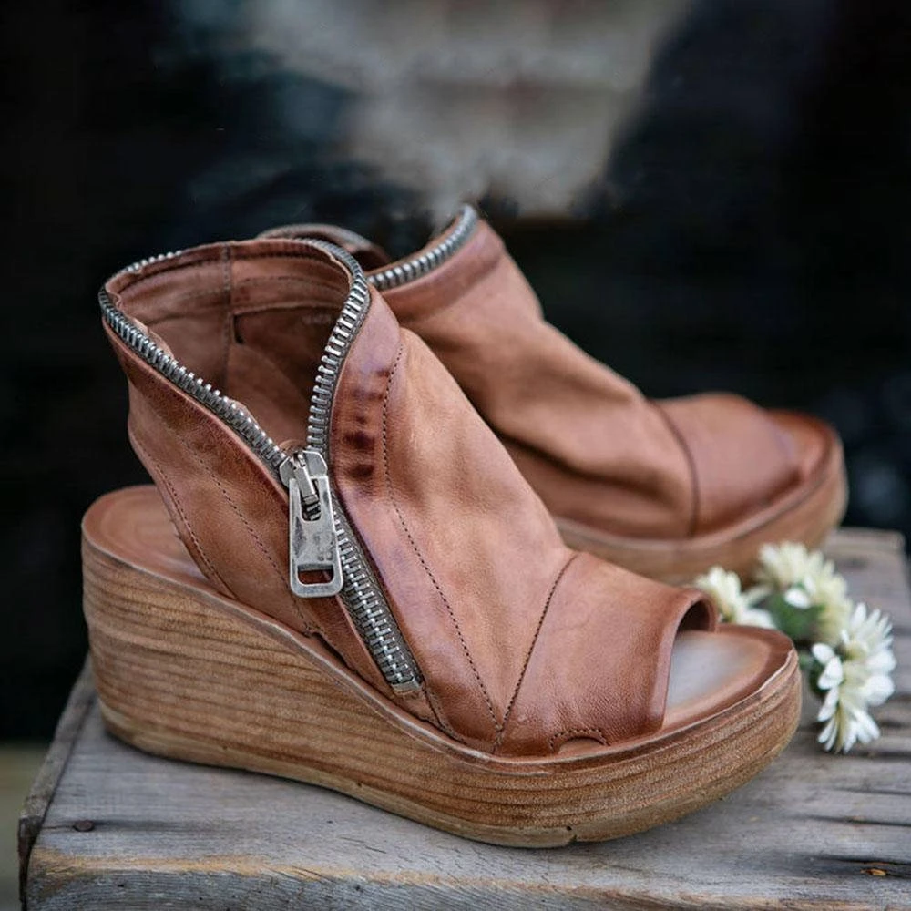 Ladies Summer Sandals Shoes New Fashion Retro Open Toe Platform Sandals PU Leather Zipper Platform Women Shoes Ladies Sandals