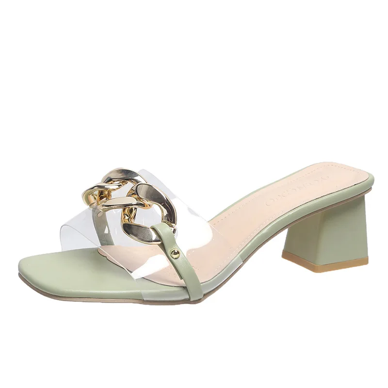 Women Shoes Summer Slippers Fashion PVC Square Heel Gold Chain Peep Toe Slippers Shallow Zapatillas Casa Mujer Sapatos Femininos