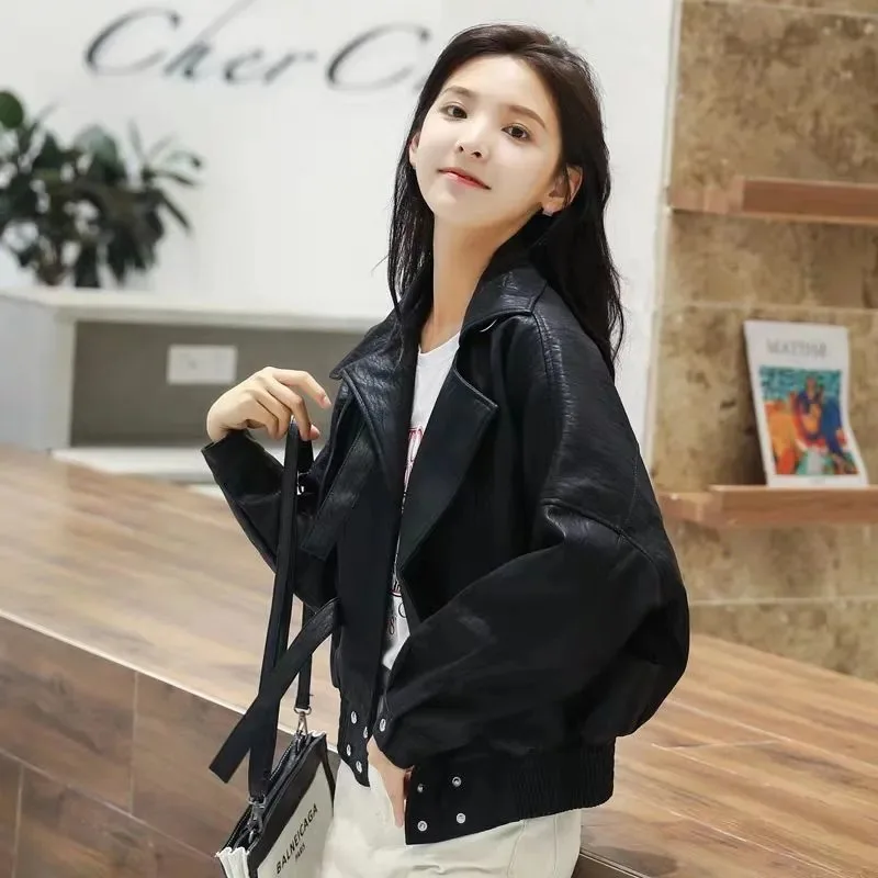Beige White Leather Coat Women Korean Fashion Loose Autumn Coat Motorcycle Short Thin Temperament Jacket Loose Short Top