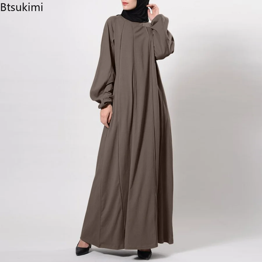 Plus Size 4XL 5XL Cotton Long Sleeve Abayas for Women Muslin Dress O-Neck Soft  Loose Waist Pocket Mid-calf Casual Robes Female