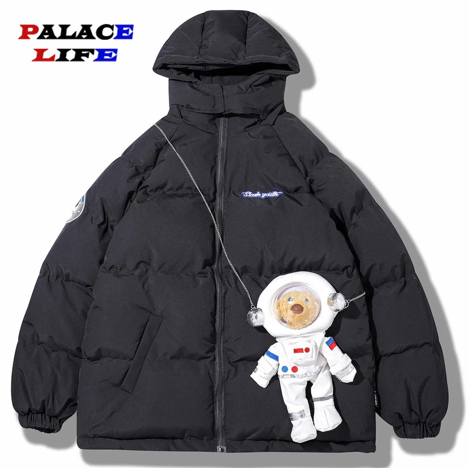 Hip Hop Men Hooded Parka Jacket Space Bear Winter Oversize Windbreaker Streetwear Harajuku Padded Jacket Coat Warm Outwear