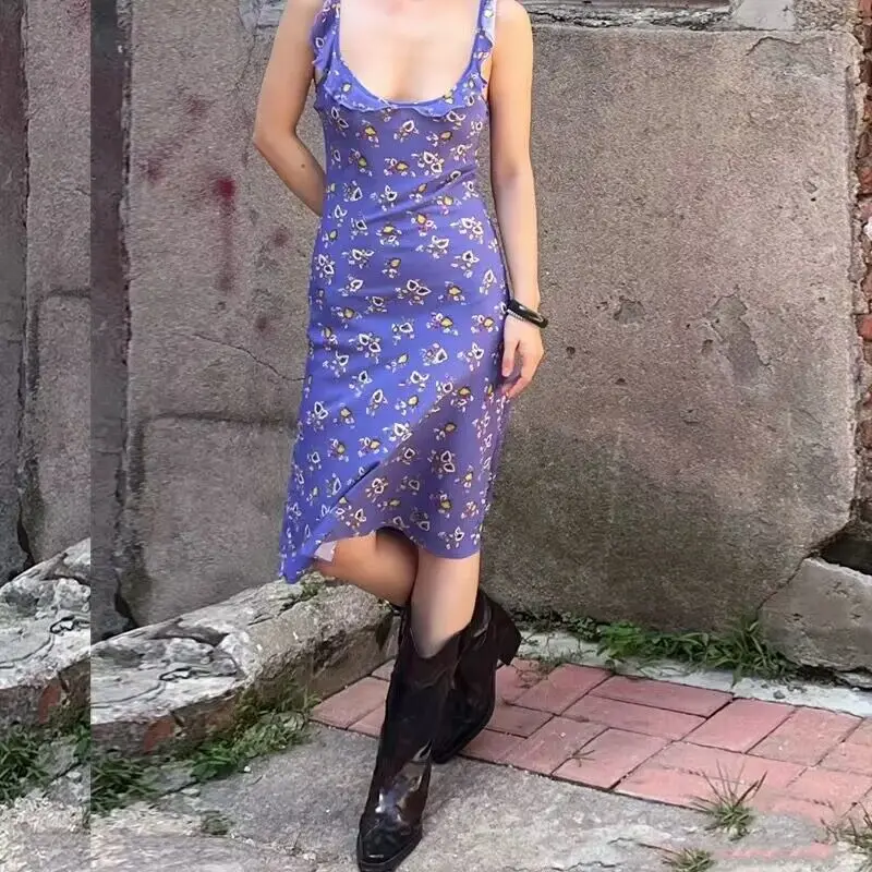 Purple Floral Printing Silk Flying Sleeves Sling Dress 2023 Summer New Women Dress Mini Dress