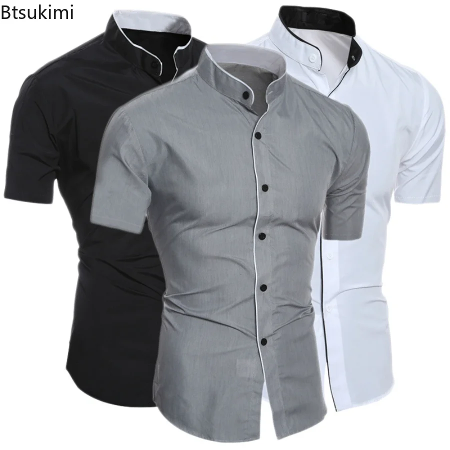 

2023 Men's Summer Casual Shirts Stand Collar Solid Short Sleeve Shirt Male Fashion Dress Shirts Formal Business Blouse Tees Man
