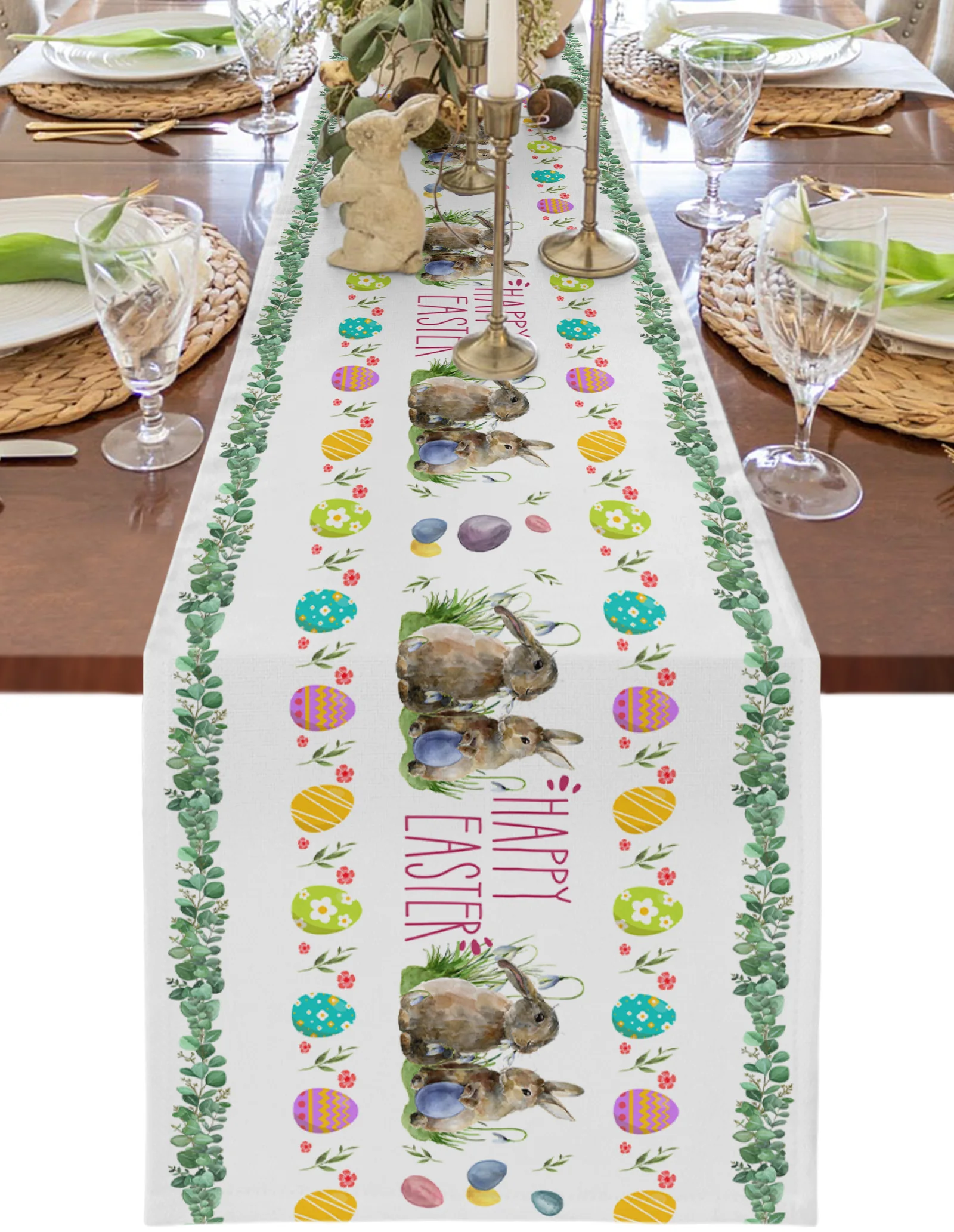 

Easter Watercolor Egg Rabbit Plant Table Runner Wedding Party Table Decorations for Home Decor Gift Favor Placemat Tablecloth