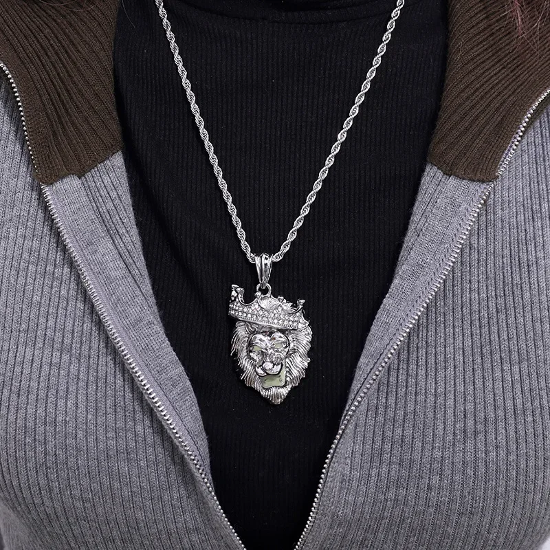 Модное ожерелье с полным бриллиантом креативная корона голова льва кулон