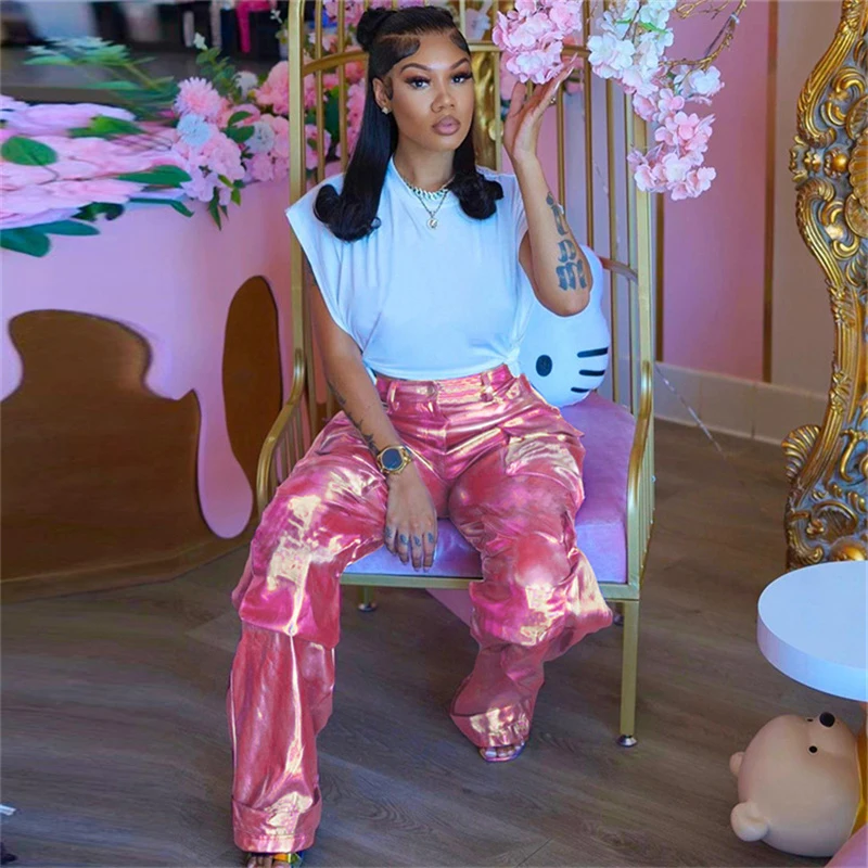 Женские прямые брюки-карго из ПУ кожи с высокой талией и карманами