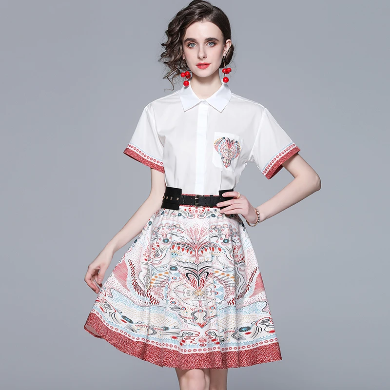 

WTIANYUW Elegant Printed Two Piece Set Women Casual Short Sleeve Shirt Top+Midi Skirt Set Office Ladies 2Pcs Clotlhing Set
