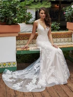 luojo boho wedding dress mermaid scoop neck spaghetti strapsappliques tea length custom bridal gowns for women vestidos de novia
