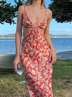 sexy backless flower print beach maxi dresses for women 2022 summer straps waist hollow out party dress vestido street clubwear