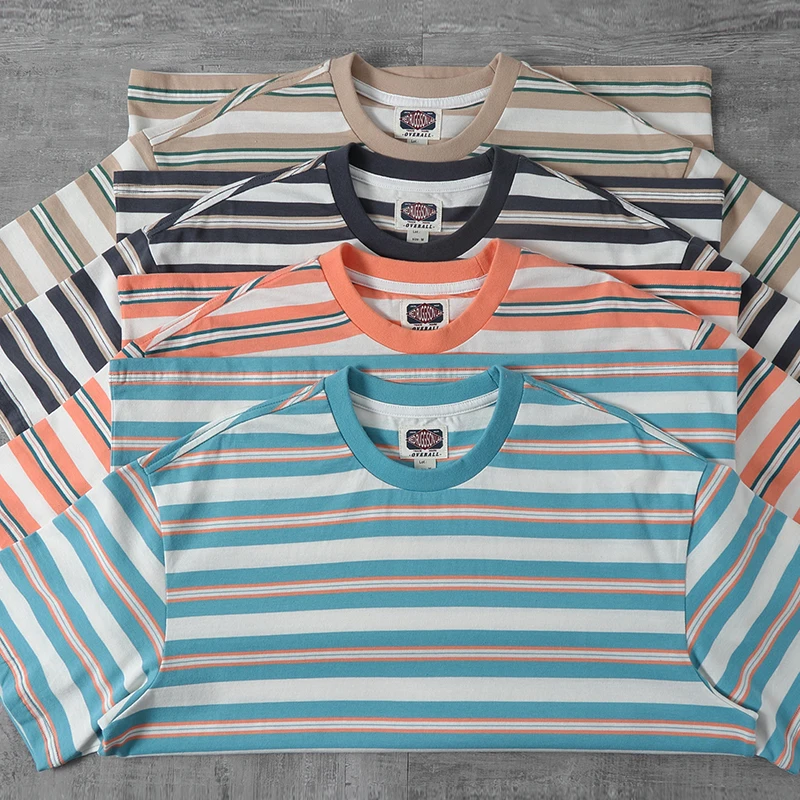 

Summer New American Retro Short Sleeve Sailor Colorful Striped T-shirt Men's Fashion Pure Cotton Washed Young Couple Casual Tops