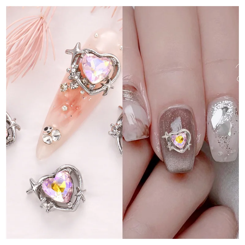 

10pcs Pink Heart Star Nail Art Jewelry Love Diamond Crystal Luxury Nail Charms Metal Retro Sweet Heart Star Nails Decora-10*11mm