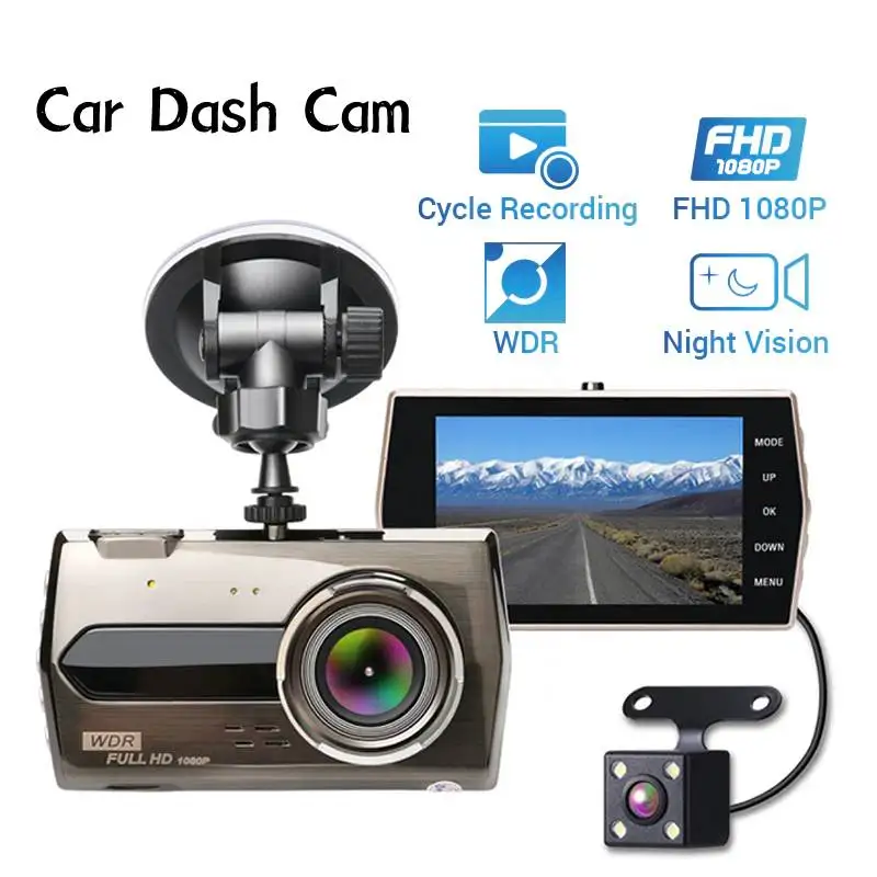 

Автомобильный видеорегистратор 4,0 дюйма, Автомобильный видеорегистратор с ЖК-дисплеем 1080P, сверхширокоугольная Передняя и задняя камеры, А...